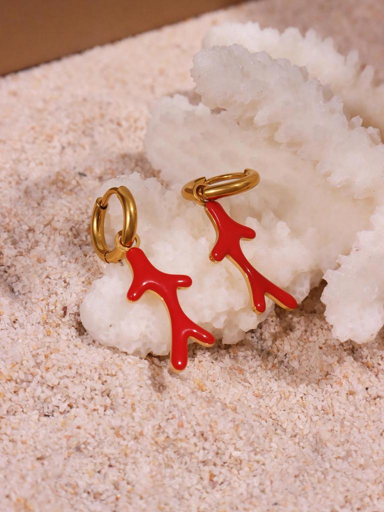 18k Gold-Plated Delicate Coral Red Bead Earrings with Stainless Steel for Women