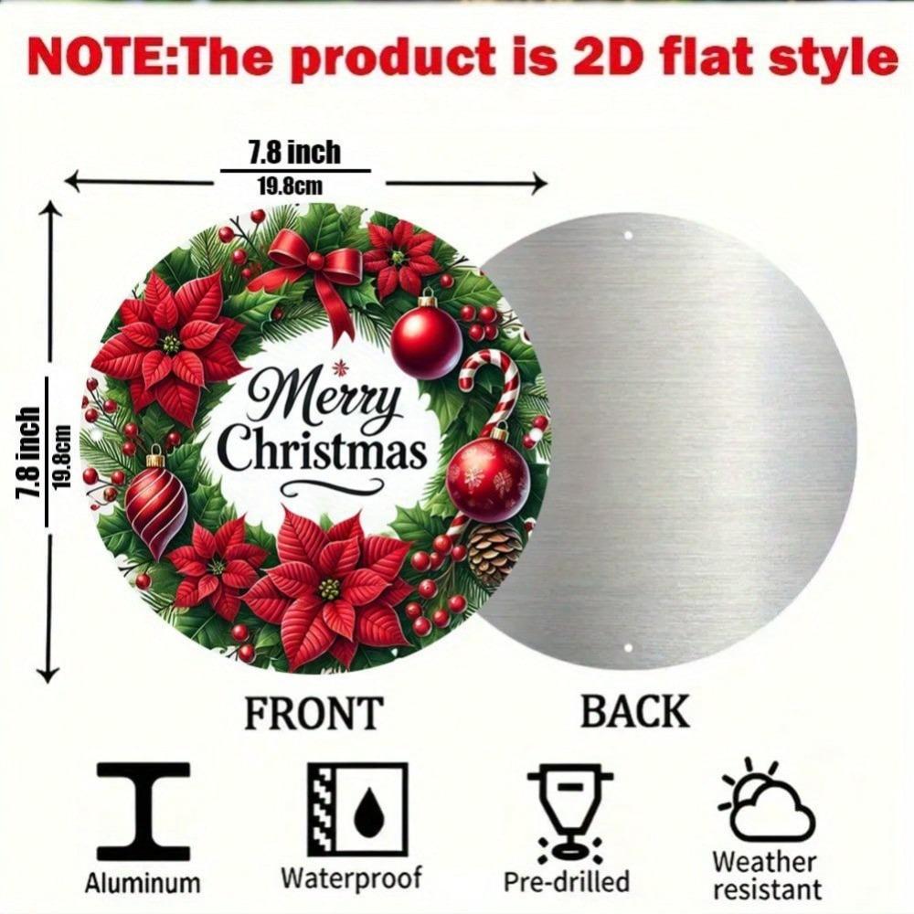 Vintage Christmas Wreath Metal Sign Merry Christmas Wall Decor Red Poinsettia Aluminum Art Weatherproof Outdoor Indoor Home Garden Cafe Bar