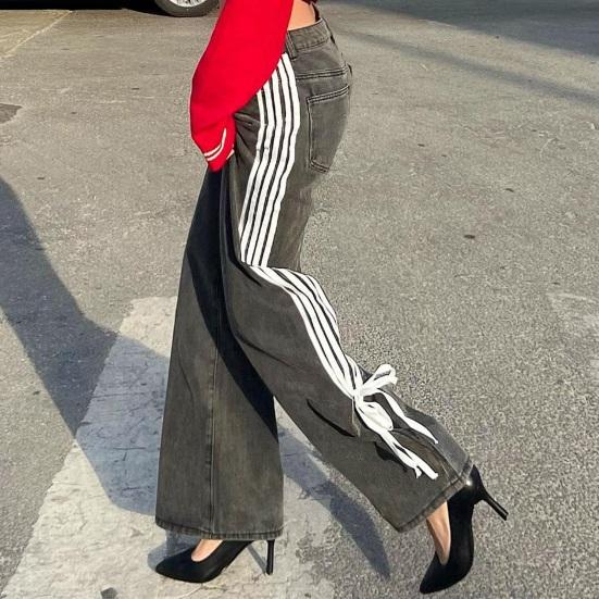 Women's Side Striped Bow Tie Jeans Boyfriend Low Rise Baggy Denim Pants Casual Straight