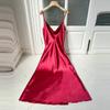 Women’s Sexy Breathable Sling Nightgown Summer High Waist Backless Hem Split Lightweight Pajamas for Female Stylish Silk Satin Soft Sleep Dress