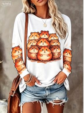 Women Long Sleeve T‑Shirt Cute Stacked Pink Pig Watercolor Graphic Print Crew Neck Loose Casual Daily Tops