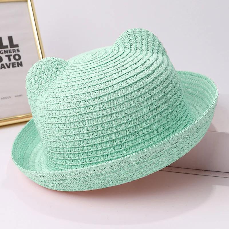 Summer Children Straw Hats For Boy Girl Cute Ears Kids Baby Panama Shades Beach Hat Unisex Breathable Dome Brim Rolled Sun Caps