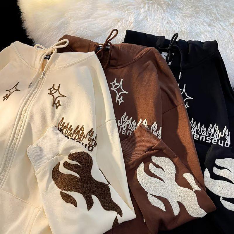 Men's Hooded Zip-Up Cardigan Sweatshirt with Cross & Flame Embroidery, Fleece-Lined, Trendy Loose Fit for Couples, Perfect for Spring and Autumn.