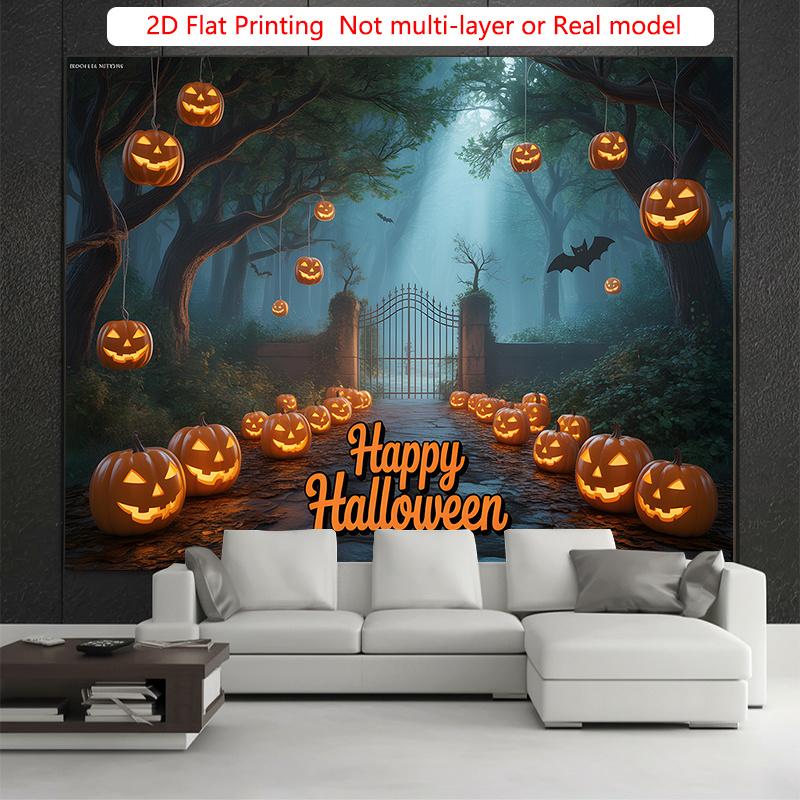 Party Backdrop Halloween Flat Spooky Forest Pumpkin Lanterns Silhouettes Mystical Atmosphere Photo Booth Background Party Decor