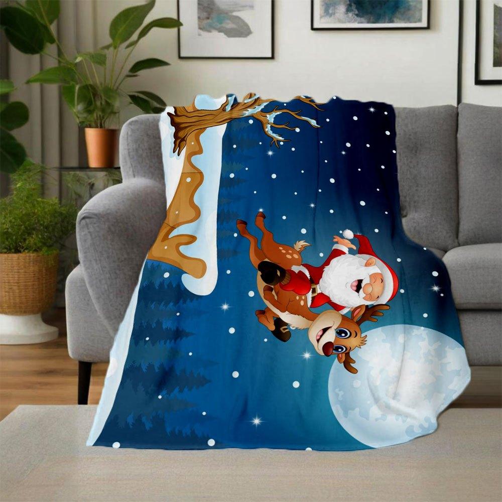 Christmas Santa Claus and Deer Flying In Moon Night Wall Sticker Home DecorBlanket Flannel Throw Blanket for Sofa, Bed, Travel, Camping, Off