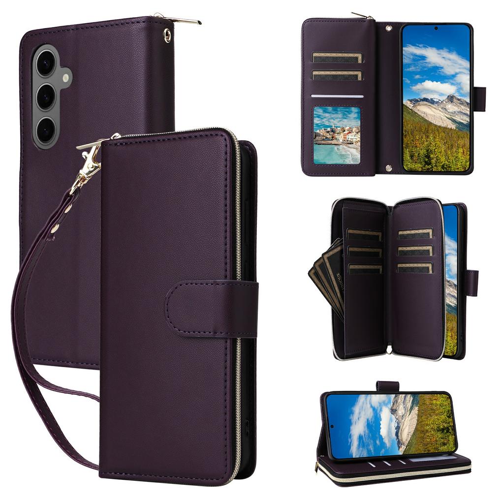 For Samsung Galaxy S25+/S24+ Case Zipper Pocket PU Leather Cover with 9 Card Slots