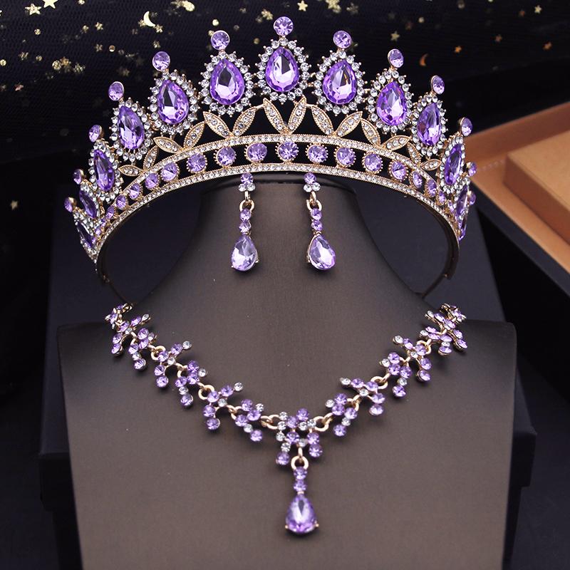 Luxury Purple Bridal Jewelry Sets for Women Choker Necklace Earrings With Crown Wedding Bride Set Costume Accessories