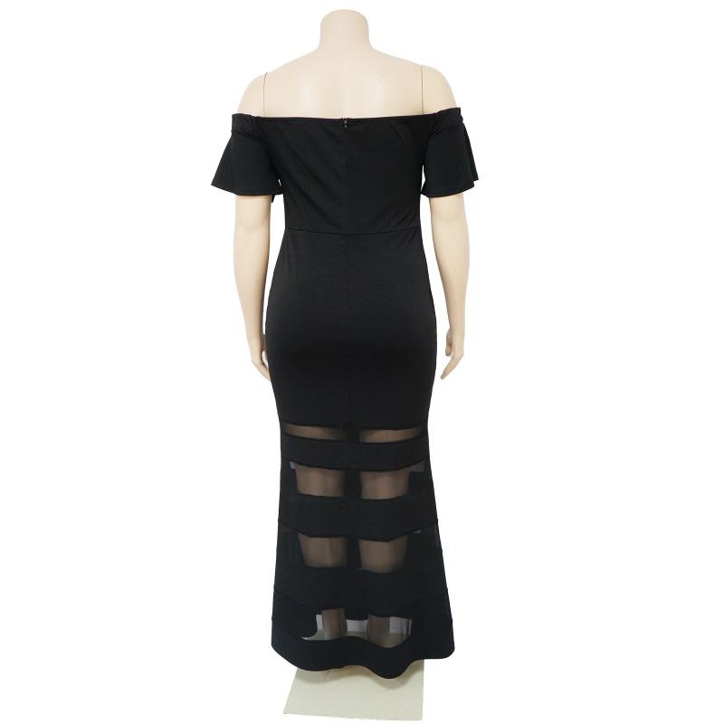 Plus Size Black Off Shoulder Ruffle Mesh Insert Bodycon Maxi Dress