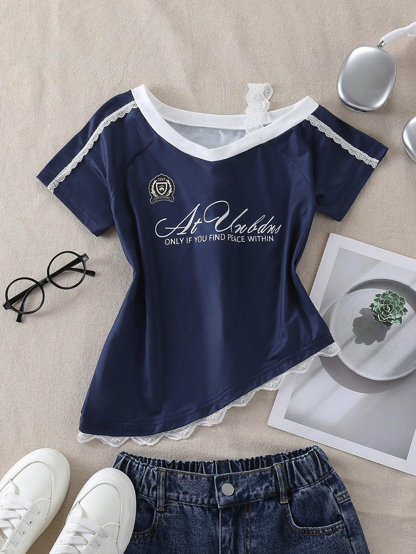 Single-piece girls  casual sweet and spicy style white lace V-neck badge letter print irregular hem slim fit short sleeve T-shirt top summer style 8Y синий