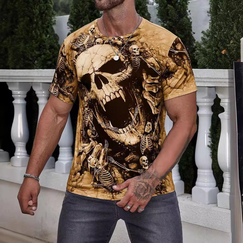 Summer Round Neck 3D Skull and Skeleton Graphic Print Top Fashionable Casual Short Sleeved Men's T-shirts