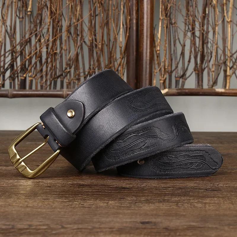 

3,8 см толстая воловья кожа медная пряжка натуральная кожа повседневные джинсы ковбойский ремень мужской высокое качество ретро роскошный дизайнерский мужской ремень 125cm чёрный