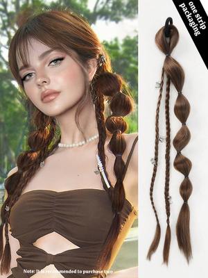 Synthetic Long Straight Hair Natural Bubble Braid Plait Ponytail Wig With Rubber Band Natural Fashion