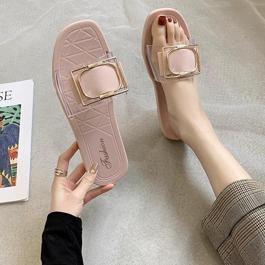 2025 Nauji madingi šlepetės moterims vasarai lauko dėvėjimui, kvadratinė sagtis, permatomos, kasdienės, studentų šlepetės