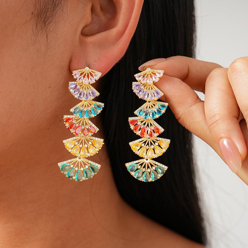 Wind zircon geometric fan-shaped colored silver needle earrings retro court style exquisite earrings