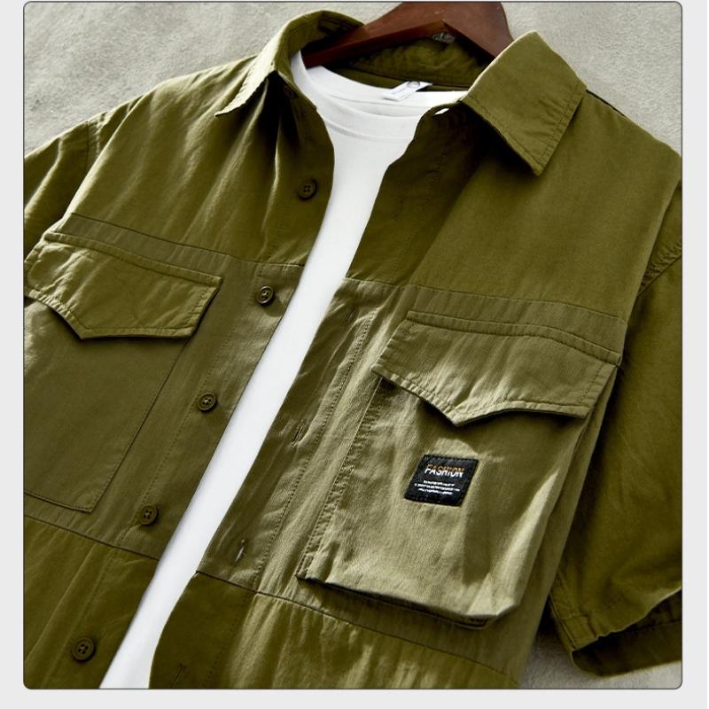 Japanese Style Cargo Short Sleeve Shirt Men Summer Fashion Men Tops Double Pockets Loose Shirt Pure Cotton Comfortable Men Clothing