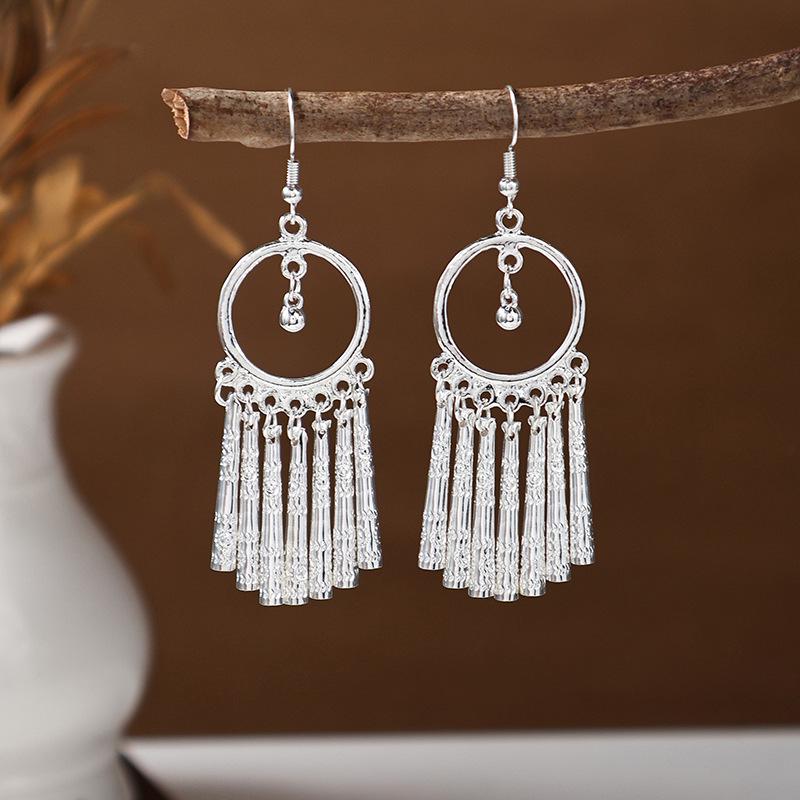 Ethnic Miao Silver Tassel Earrings - Retro Long Dangle Scenic Studs for Women
