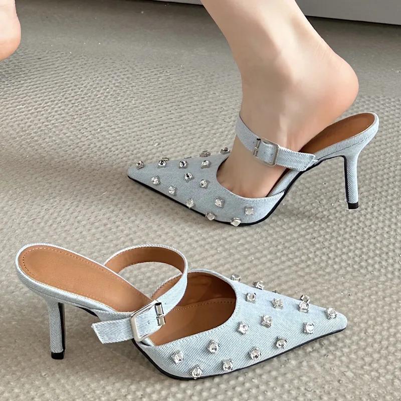 Fashion Eilyken Crystal Diamond Buckle Pointed Toe Women Slippers Fashion Thin High Heels Prom Party Pumps Ladies Shoes Zapatos De Mujer
