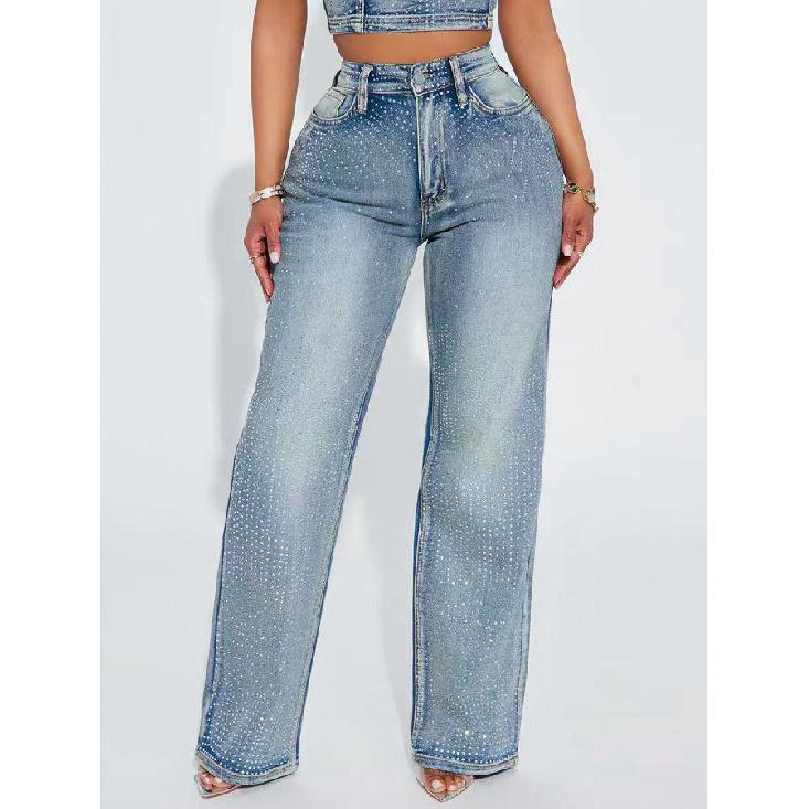 

2026 New Fashion Rhinestone Straight-Leg Jeans for Women Versatile Casual Trousers S синий