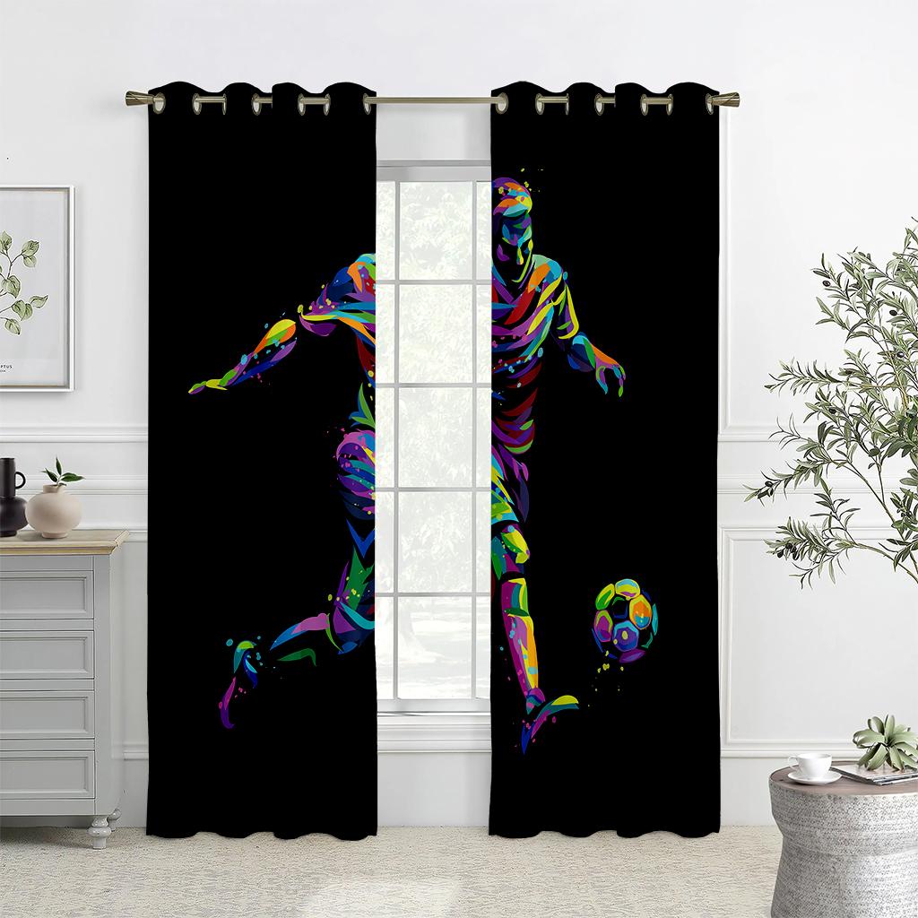 3D Colorful Football Ink Splashing Design Art Curtains, 2 Panels, Kids Room, Bedroom, Living Room, Balcony Decor