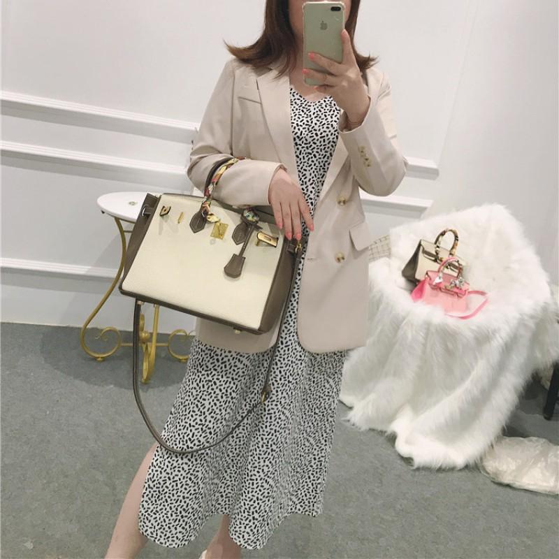 Color Block Milkshake White Khaki Tote Bag Genuine Leather Crossbody Medium Size