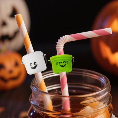 Halloween Pumpkin Bucket Straw Topper Drinking Straw Cap for 30oz & 40oz Tumblers Reusable Straw Lid Cover Spooky Drink Accessory for Parties