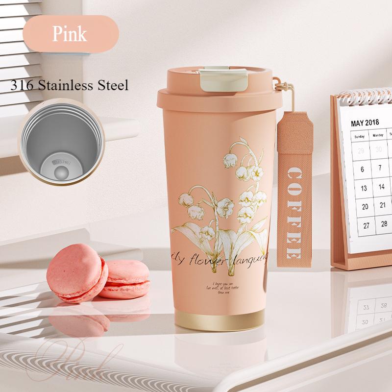 316 Lily the Valley Flower Coffee Cup Red Rose Flower Vacuum Cup Sport Water Cup Outdoor Safe Insulated Drinking Cup Coffee Mug 500ml