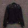 Winter Women Jacket Bead Decor Plus Size Long Sleeves Turn-down Collar Chest Pockets Button Closure Coat Short Type Casual Streetwear Denim Coats