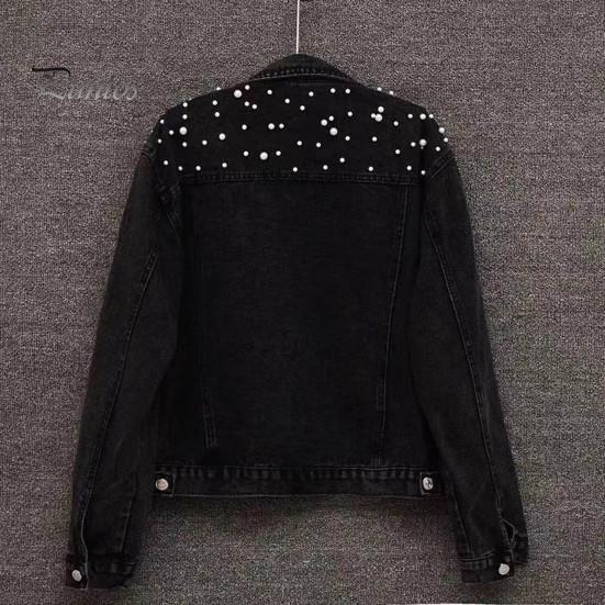 Winter Women Jacket Bead Decor Plus Size Long Sleeves Turn-down Collar Chest Pockets Button Closure Coat Short Type Casual Streetwear Denim Coats