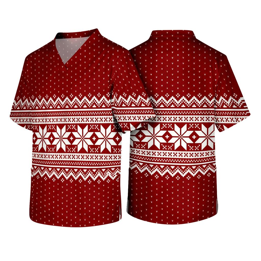 Men's Christmas Theme Caregiver Uniform, Holiday Scrub Top for Nurses and Workers