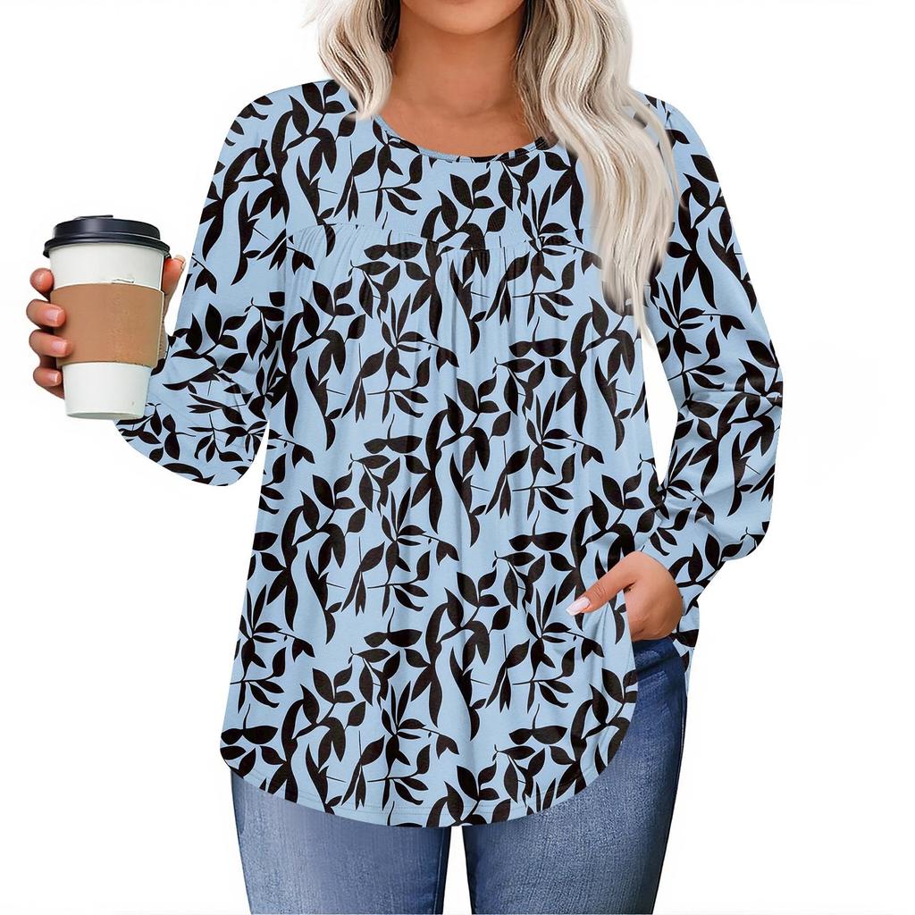Dámské topy plus size košile s dlouhým rukávem kulatý výstřih splývavá tunika ležérní volná halenka L-5X