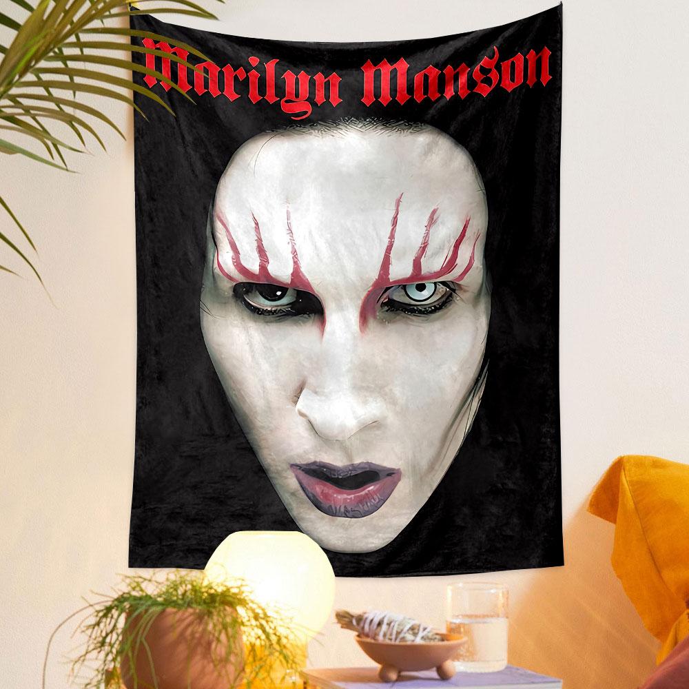 White face with red streaks around eyes and intense black-and-white details. Patterned tapestry for bedroom and living room home decor