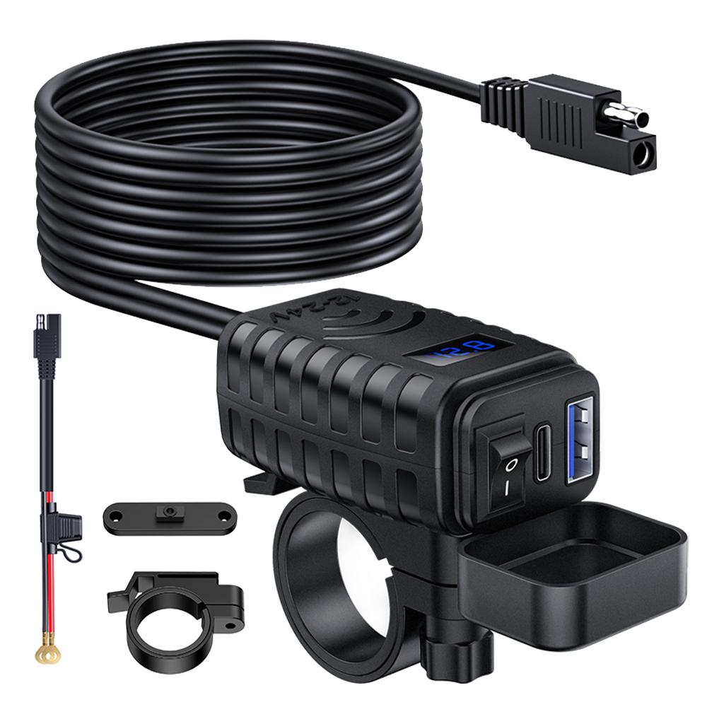 Motorcycle 48W Mobile Phone Quick Charger Waterproof and Dustproof  Intelligent Fast Charging Voltage Display ON/Off