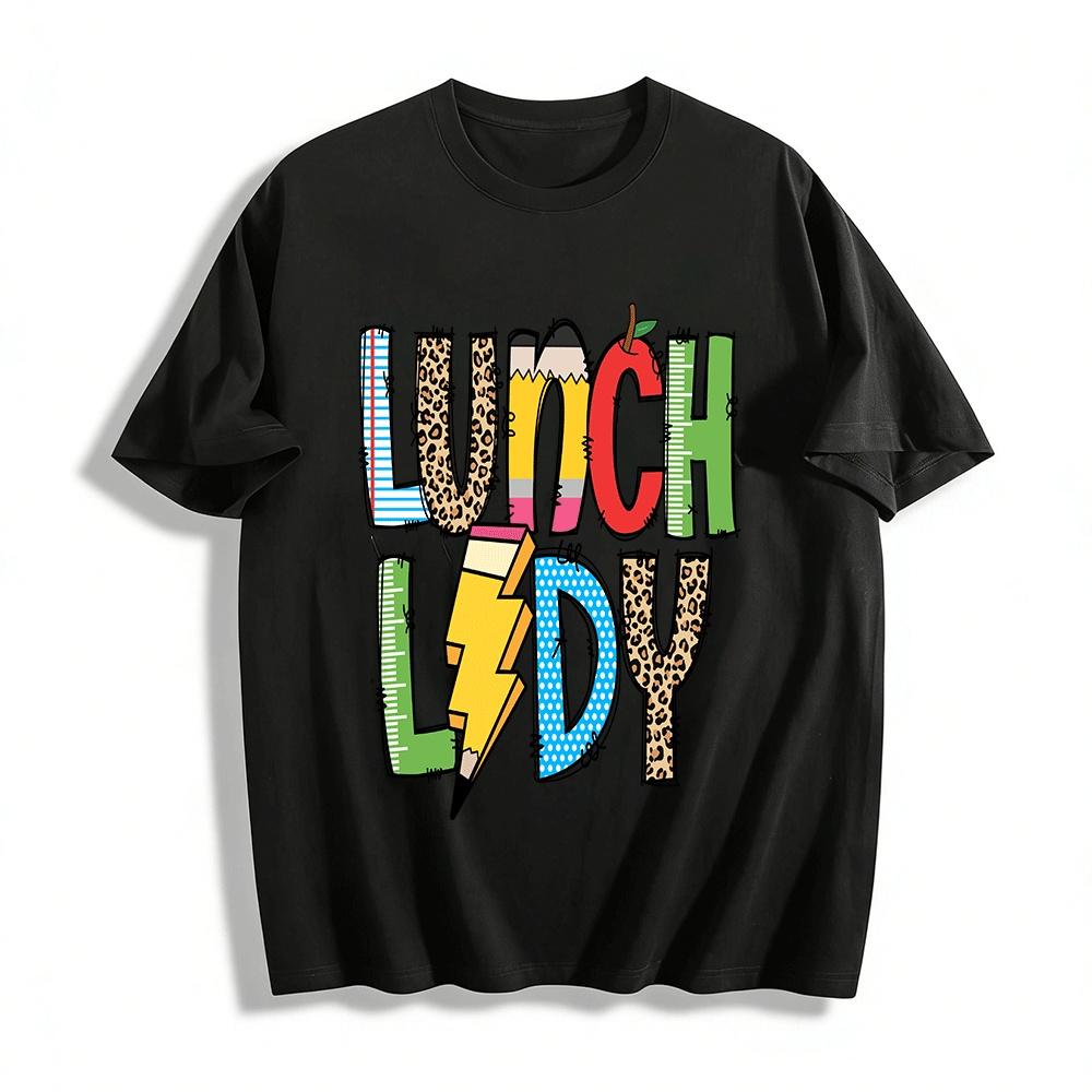 Cute Lunch Lady Themed Graphic Casual Top For School Staff Pure Cotton T-shirt