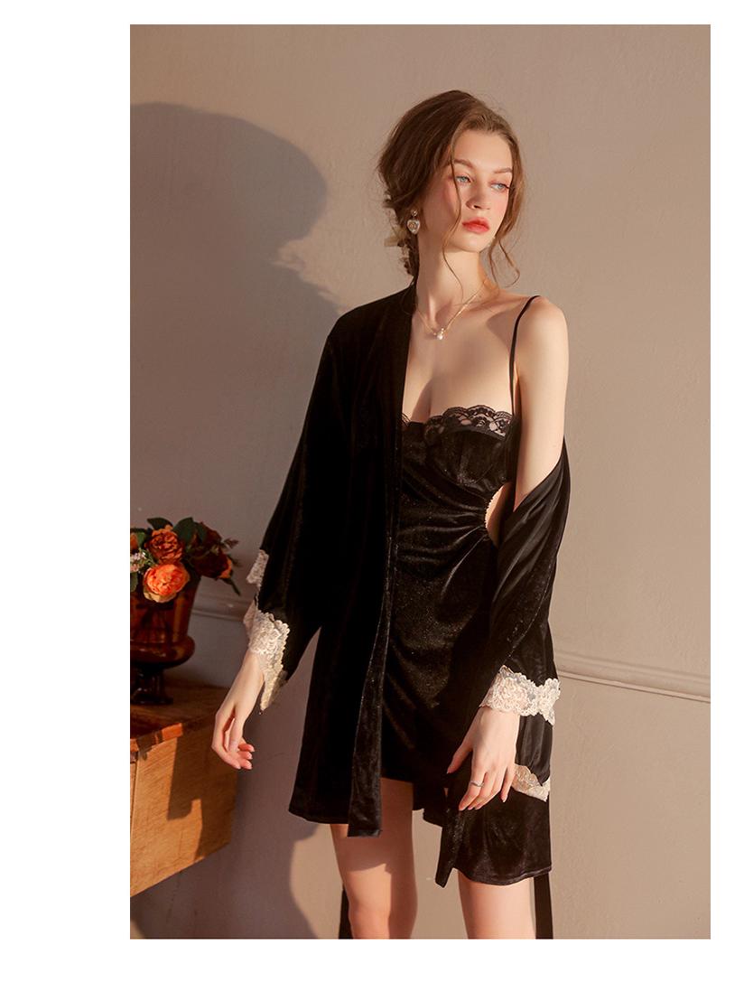

Роскошный велюровый женский пижамный комплект для весны/осени: Ночная сорочка на бретельках и халат S