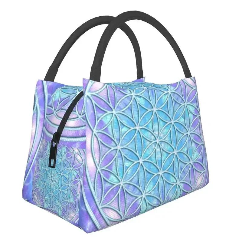 Flower Of Life Abalone Shell On Pearl Insulated Lunch Tote Bag for Women Geometric Mandala Portable Cooler Thermal Bento Box