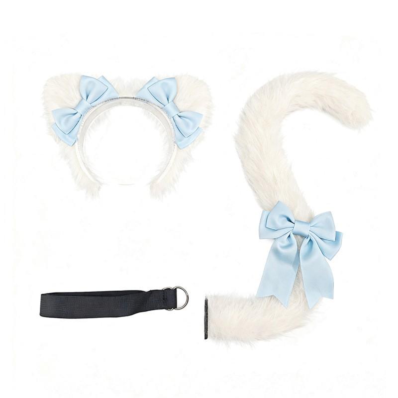 Süßes Katzenohren-Stirnband mit Schwanz-Set Cosplay Anime Convention Lolita Kostümzubehör Plüsch Weiß Rosa Blau Rot Schwarz