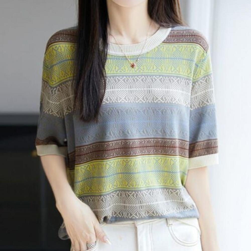 Navava Women Monoretro Pattern Short Sleeve Knit Nk3056