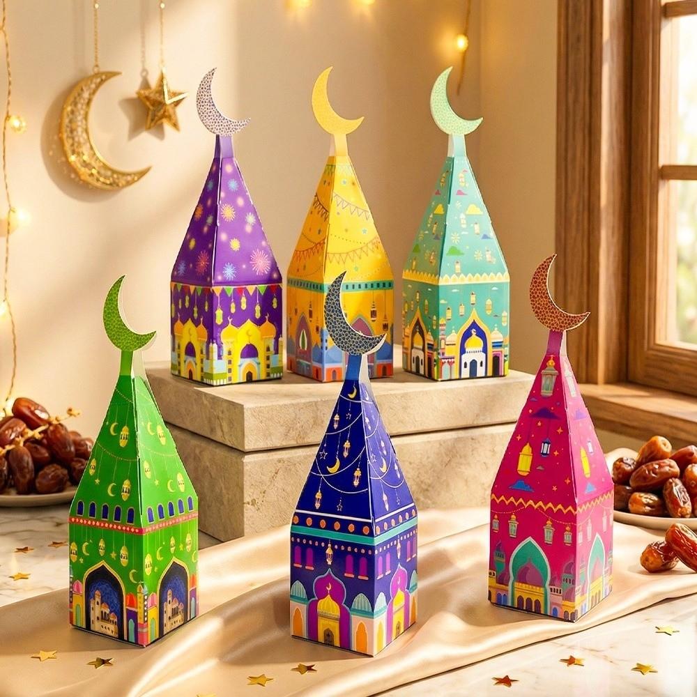 12Pcs Favor Bags Eid Mubarak Gift Box Moon Castle Pattern Candy Packaging Box  Muslim Festival