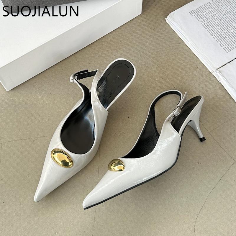Fashion SUOJIALUN 2025 Spring New Brand Women Sandal Fashion Gold Buckle Ladies Elegant Slingback Sandals Thin High Heel Pointed Toe Pum
