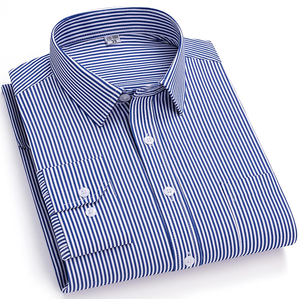 Men's Spread Collar Long Sleeve Striped Dress Shirt with Chest Pocket - Classic Business Formal for Office & Professional Wear
