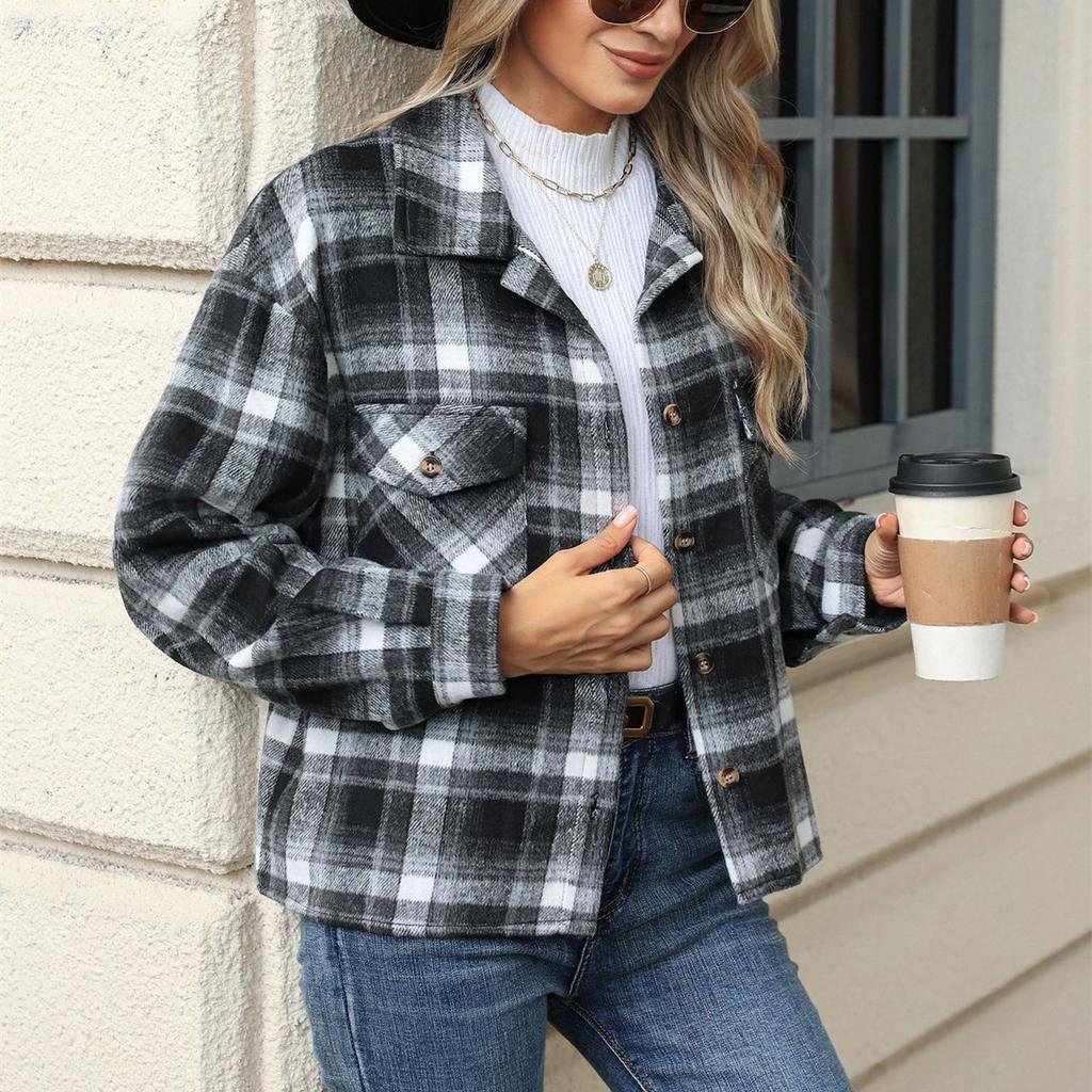 HNXC Moda damska Casual Jesień Zima Kratka Nadruk Długi Rękaw POLO Kardigany