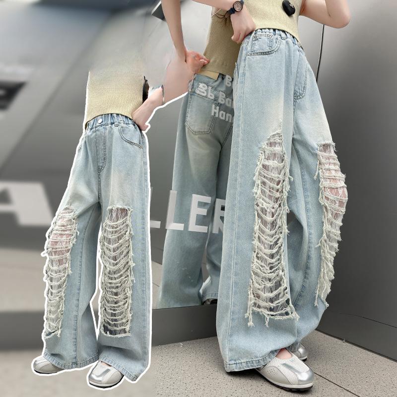 Girls' Ripped Jeans Children's Fashionable Lace Wide Leg Pants Summer Pants