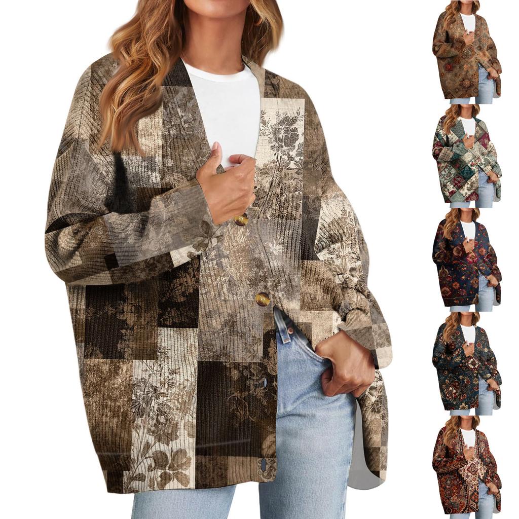 Women's Fashion Long Sleeve Print V-Neck Button Loose Cardigan Top