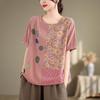 DIMANAF 2024 Verão Plus Size Mulheres Camisetas Estampa Floral Elegante Manga Patchwork Tops Tees Solto Casual Camisa de Linho 91688
