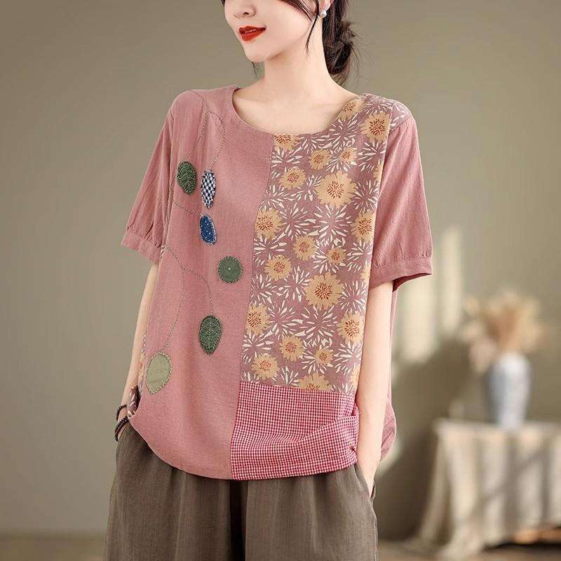 DIMANAF 2024 Verão Plus Size Mulheres Camisetas Estampa Floral Elegante Manga Patchwork Tops Tees Solto Casual Camisa de Linho 91688