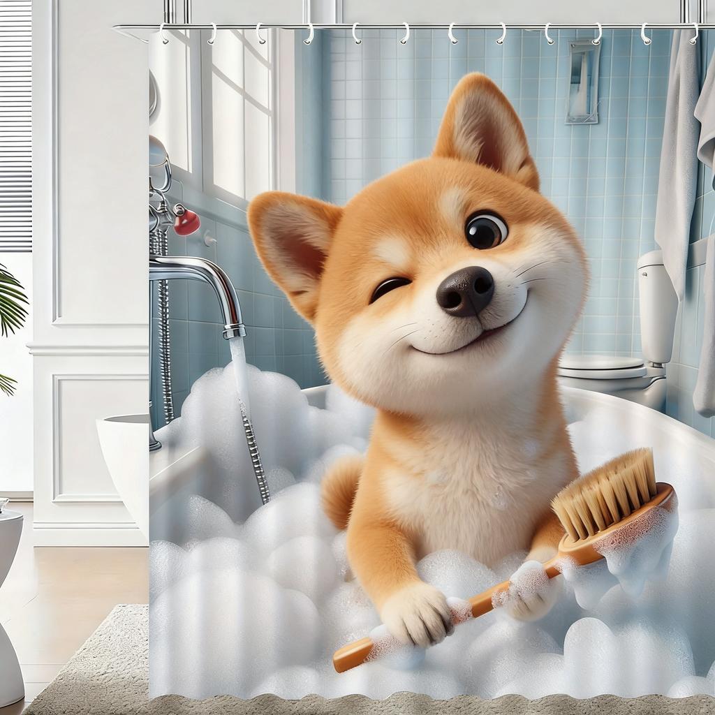 Cute 3D Cartoon Penguin Bathing with Bubbles Waterproof Shower Curtain - Fun Bathroom Decor