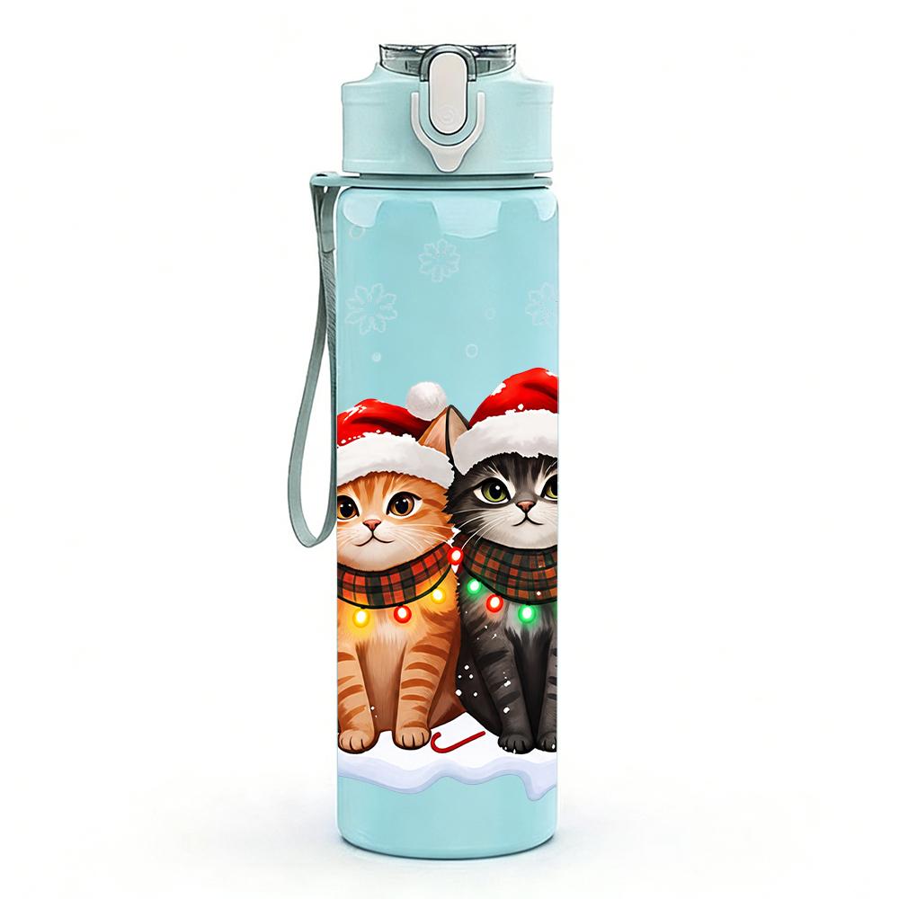 1PC Santa Hat Three Cats Christmas 750ml Color Plastic Sports Water Bottle Leakproof Flip Straw Lid Suitable for Sports Office Home Use