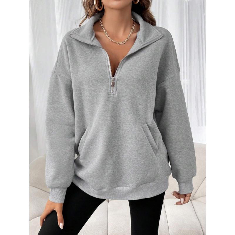 

Осень и Зима Новая Мода Молния Лацкан Пуловер Толстовка Женщины Свободный Повседневный Топы с Длинным Рукавом Элегантный Офис Однотонный Повседневная Женская Одежда XXL темно-серого