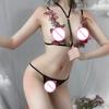Conjunto de 2 unidades de sujetador y braguitas para mujer, bordado de flores, tirantes finos calados, malla transparente, pornográfico, sin espalda, de tres puntos