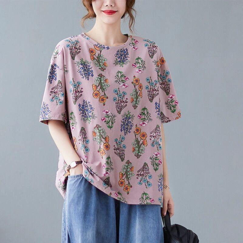 

New Arrival Vintage Floral Short Sleeve T-Shirt Women s Tops Summer Middle-Aged Mom Wear Plus Size Loose Slim Looking Bottoming Shirt Pink XL